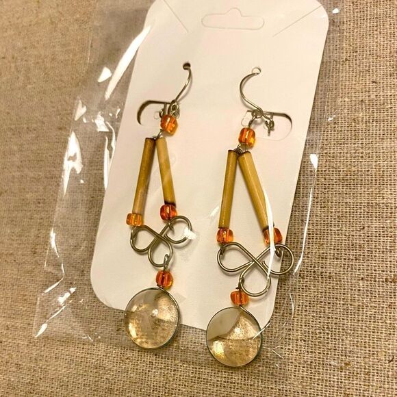 unbranded Jewelry - NWT boho wire glass and wood clear marbled tribal dangle earrings hook backs